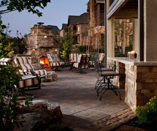 Belgard Rustic Slab patio with gorgeous outdoor fire place