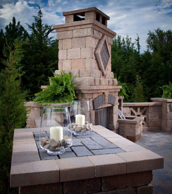 Outdoor fireplace from Belgard Elements collection